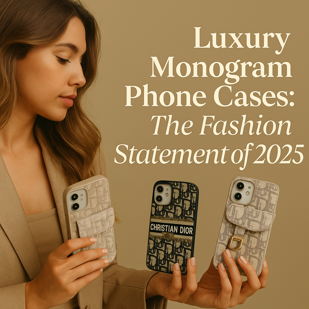 Elegant woman choosing luxury monogram phone cases from FlairCases™ in beige and gold tones.