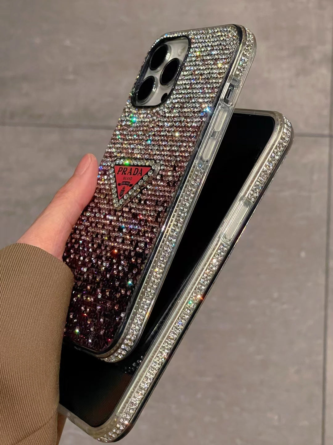 Back view of Luxury Prada Diamond iPhone Case with genuine Prada elements.