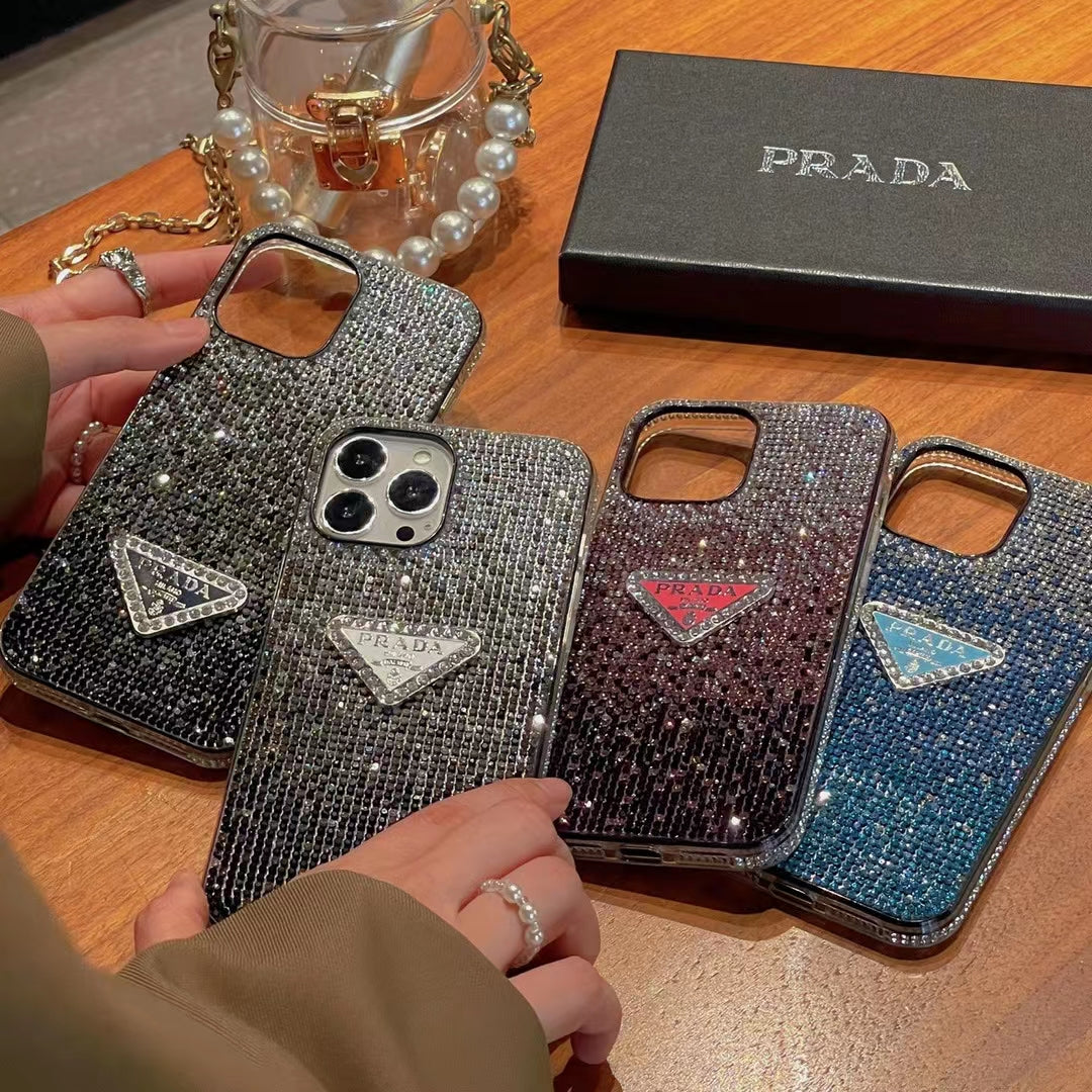 Close-up of Luxury Prada Diamond iPhone Case showcasing sparkling diamonds.