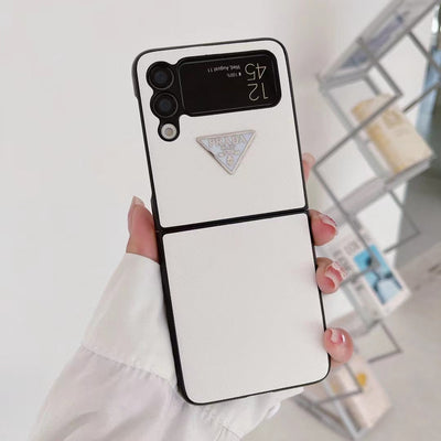 Close-up of PRADA phone case with precise cutouts for Samsung foldables