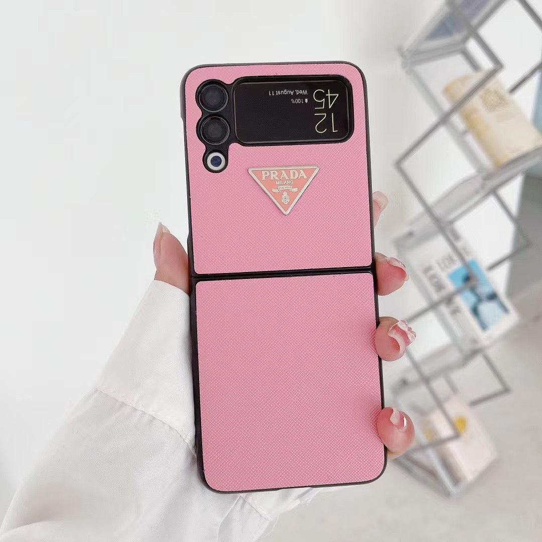 Close-up of PRADA phone case with precise cutouts for Samsung foldables